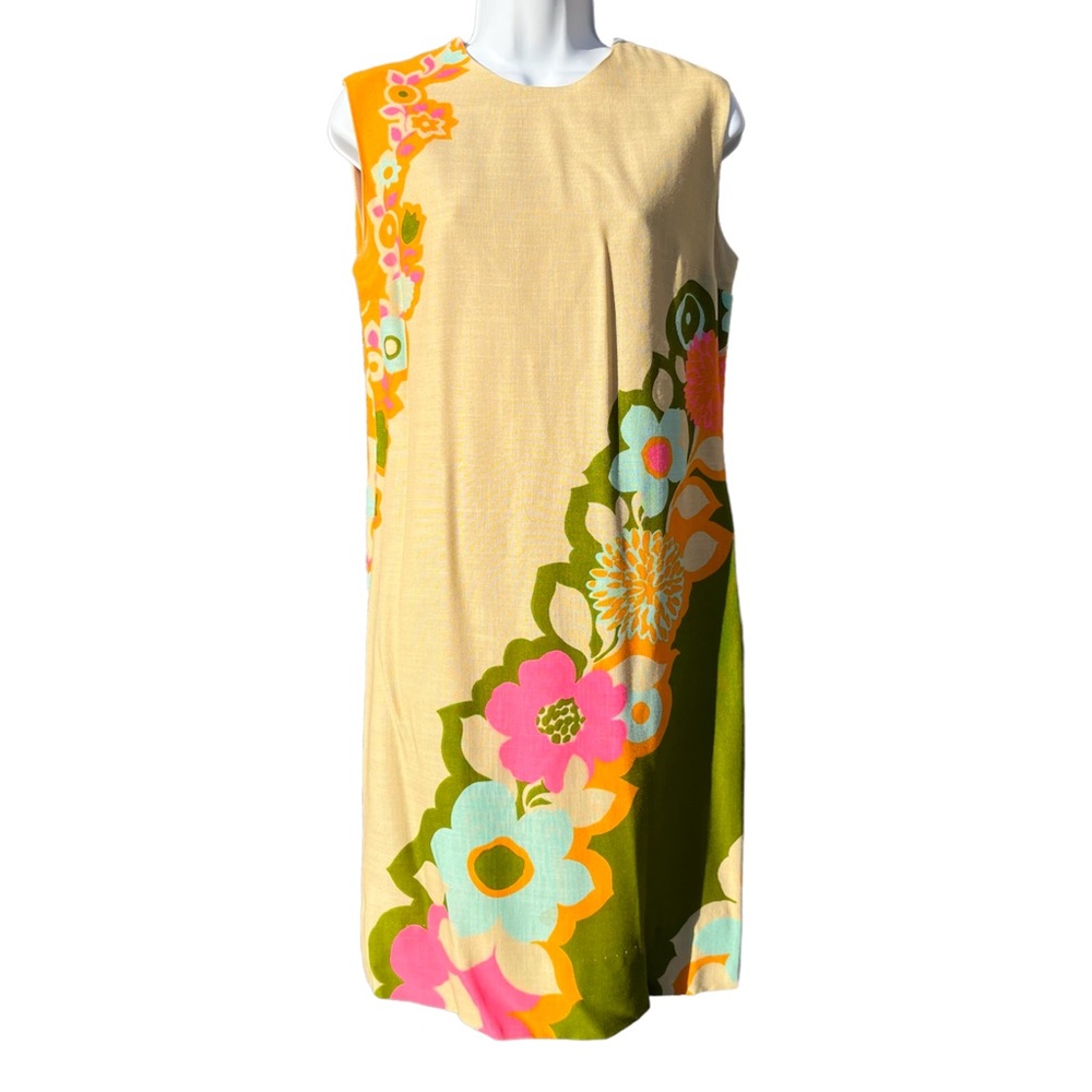 Vintage 60s Mod Floral Woven Shift Sheath Dress Tan Orange Green Pink - Picture 3 of 16